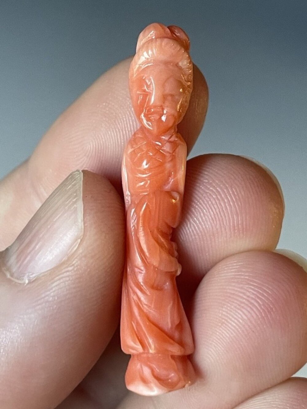 1 5/8" RARE Antique Chinese Hand Carved Coral Guan Kwan Yin Guanyin Figure